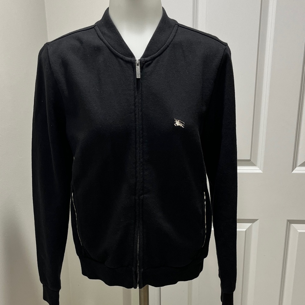 Burberry sweatsuit. Black zip jacket with matching pants. Sz S.